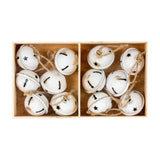 Hill Interiors set of twelve white metal jingle bells with star cut-outs and jute ties, presented in a divided wooden box.