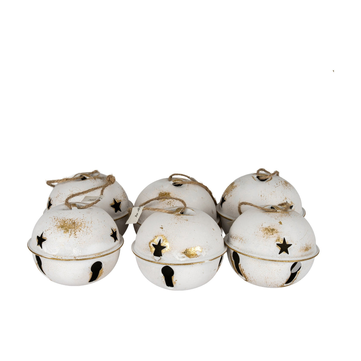 Hill Interiors white metal Christmas bells with gold distressing, star cutouts and jute hanging loops, shown as a cluster on a plain white background.