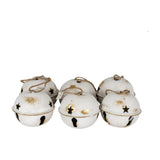 Hill Interiors white metal Christmas bells with gold distressing, star cutouts and jute hanging loops, shown as a cluster on a plain white background.