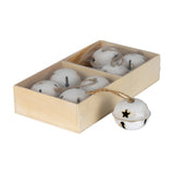 Hill Interiors set of eight large white metal jingle bells with star cut-outs and jute loops, presented in a wooden box on a plain background.