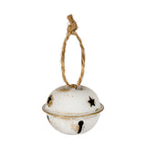 Hill Interiors white metal Christmas bell with gold-edged rim, star and teardrop cut-outs, and a twisted jute hanging loop on a white background.