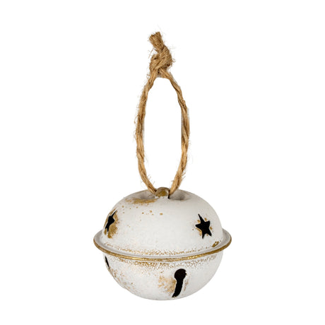 Hill Interiors white metal Christmas bell with gold-edged rim, star and teardrop cut-outs, and a twisted jute hanging loop on a white background.