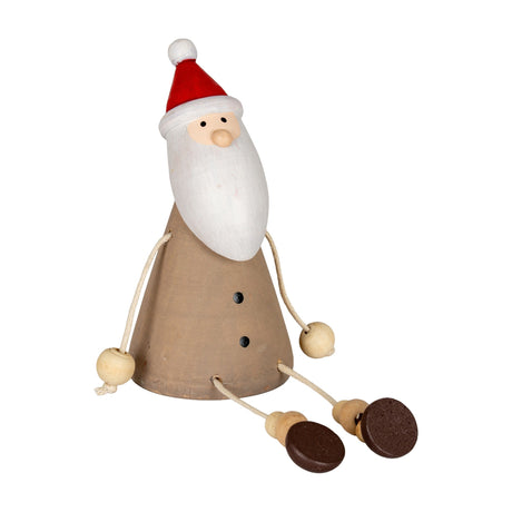 Hill Interiors Wooden Sitting Santa Decoration in brown with red hat, white beard, and dangling rope legs with wooden feet, on a plain white background.