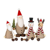 Hill Interiors wooden Christmas decoration set featuring two Santas, a snowman in top hat, and a reindeer with knitted scarves and dangling bead legs.