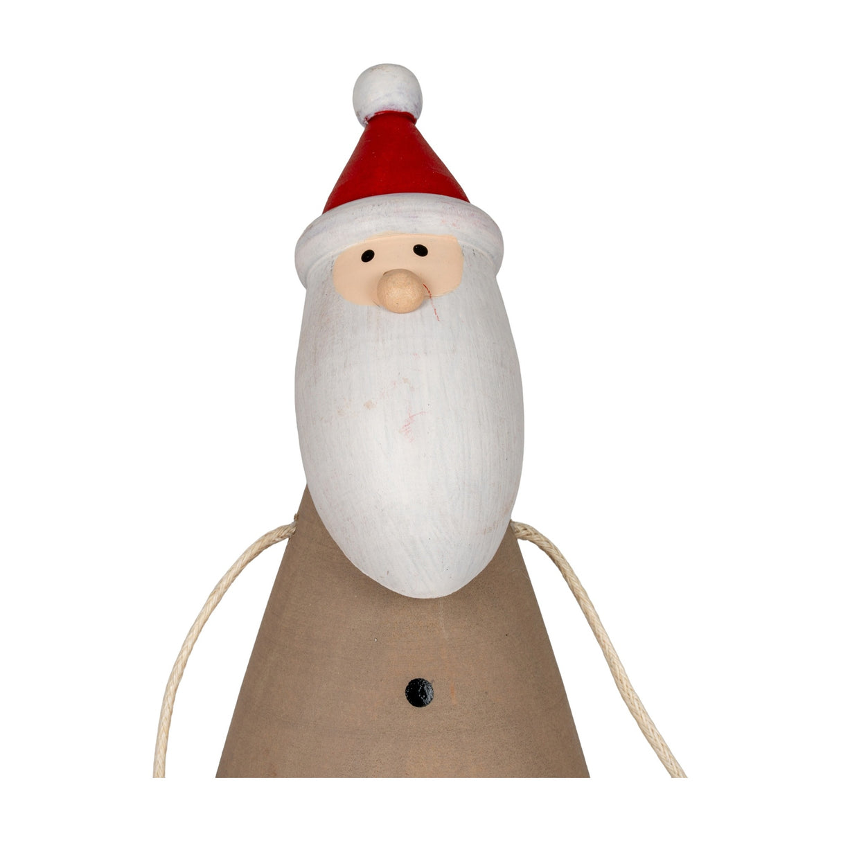 Hill Interiors wooden sitting Santa decoration with red pointed hat, white beard and brown body, shown against a plain white background.