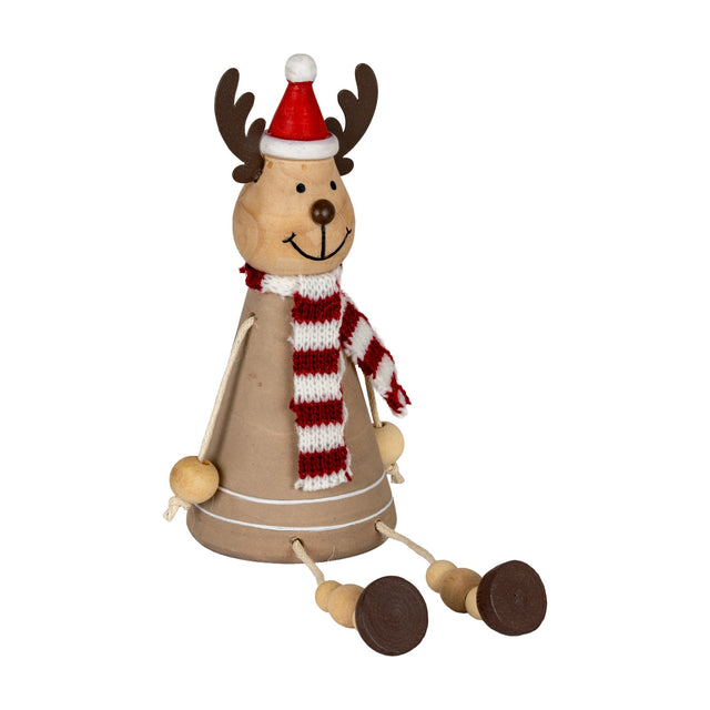 Hill Interiors wooden sitting reindeer decoration with antlers, red Santa hat, striped scarf and dangling bead legs, on a plain white background.