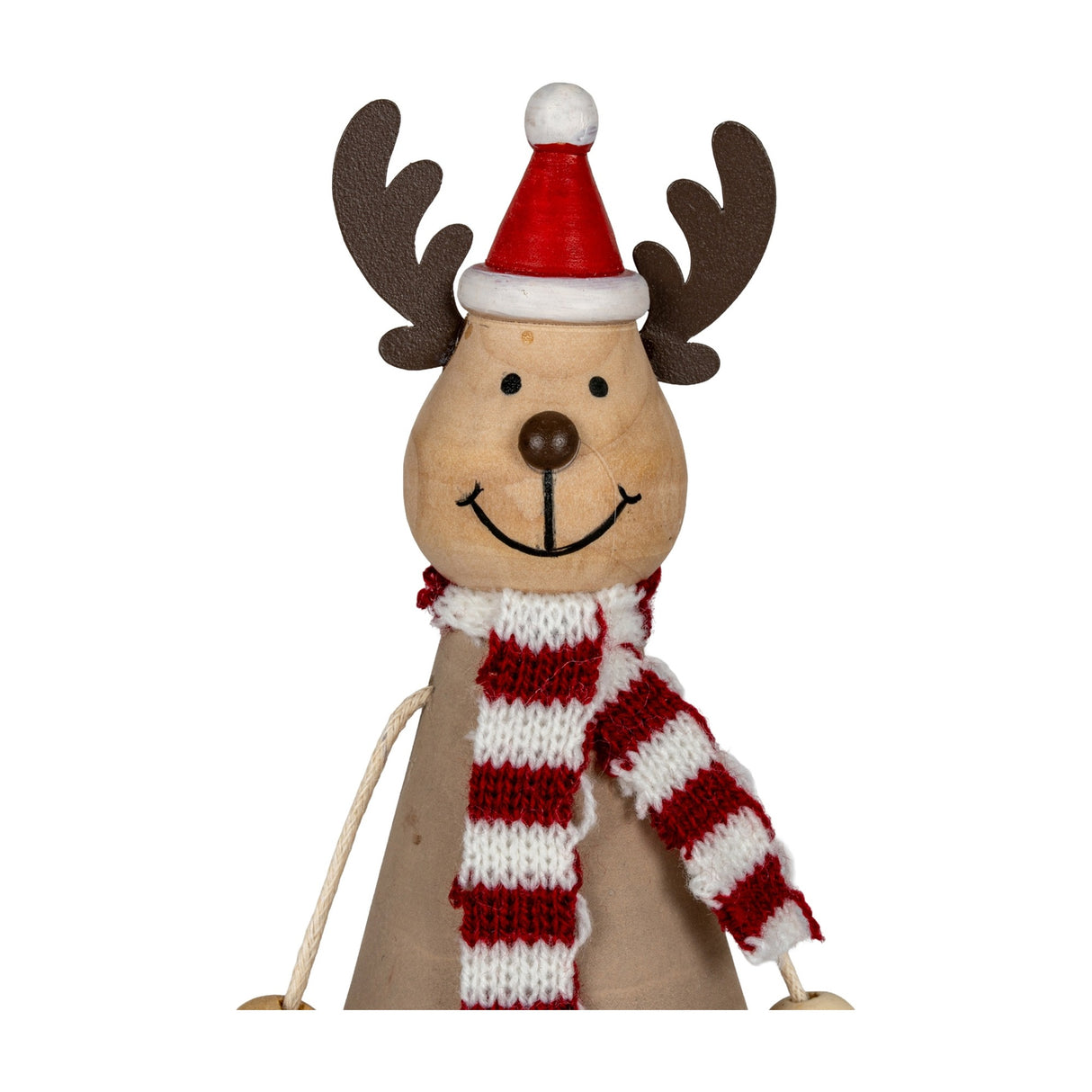 Hill Interiors wooden sitting reindeer decoration with antlers, red Santa hat and red and white striped knitted scarf on a white background.