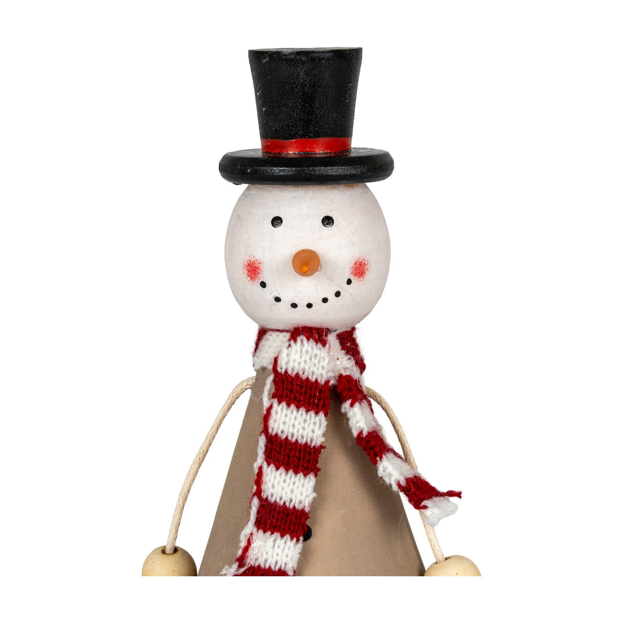 Hill Interiors wooden sitting snowman decoration with black top hat, red and white striped knitted scarf, and brown cone body on a white background.