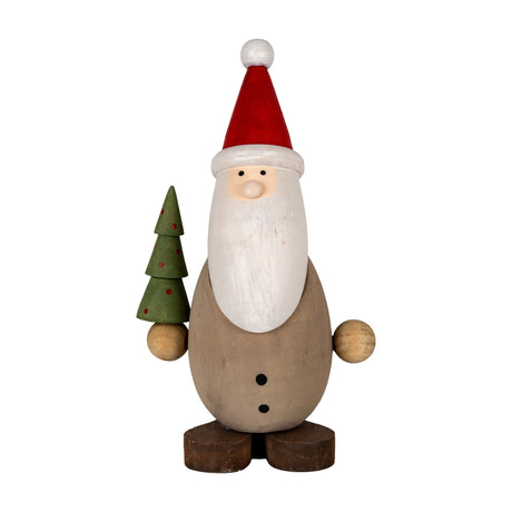 Hill Interiors Wooden Santa with Tree figurine in brown, with red hat, white beard and small green tree, shown against a plain white background.