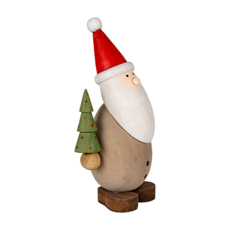 Hill Interiors Wooden Santa with Tree Figurine in brown, a small carved Santa with red hat and white beard holding a green polka-dot tree.