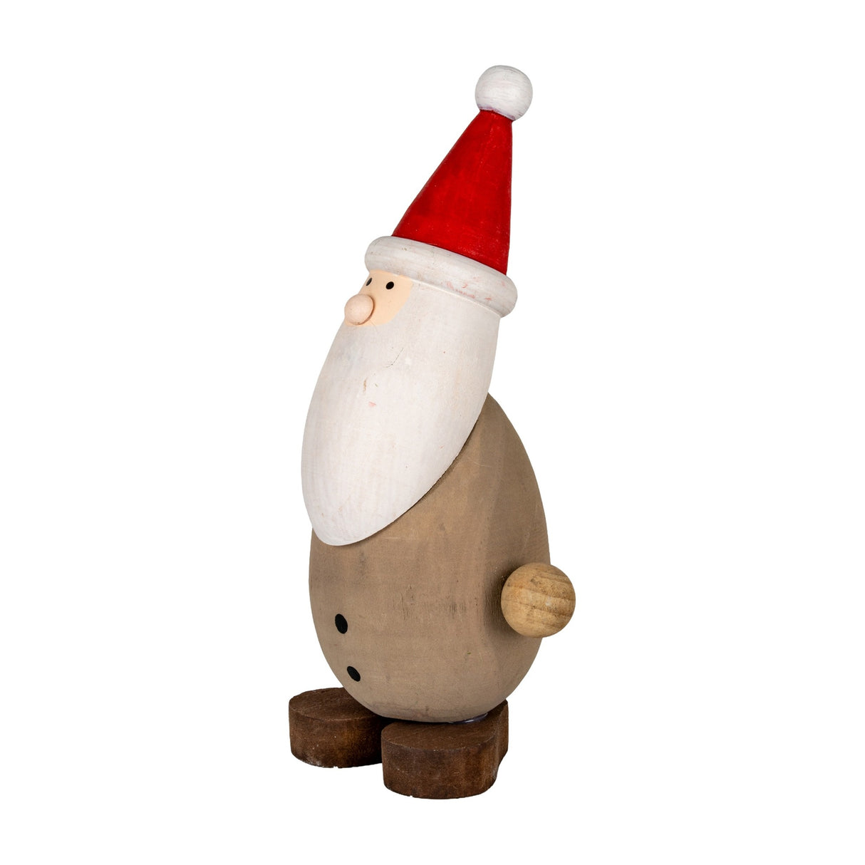 Hill Interiors Wooden Santa figurine with red pointed hat, white beard and rounded brown body on small feet, shown against a plain white background.