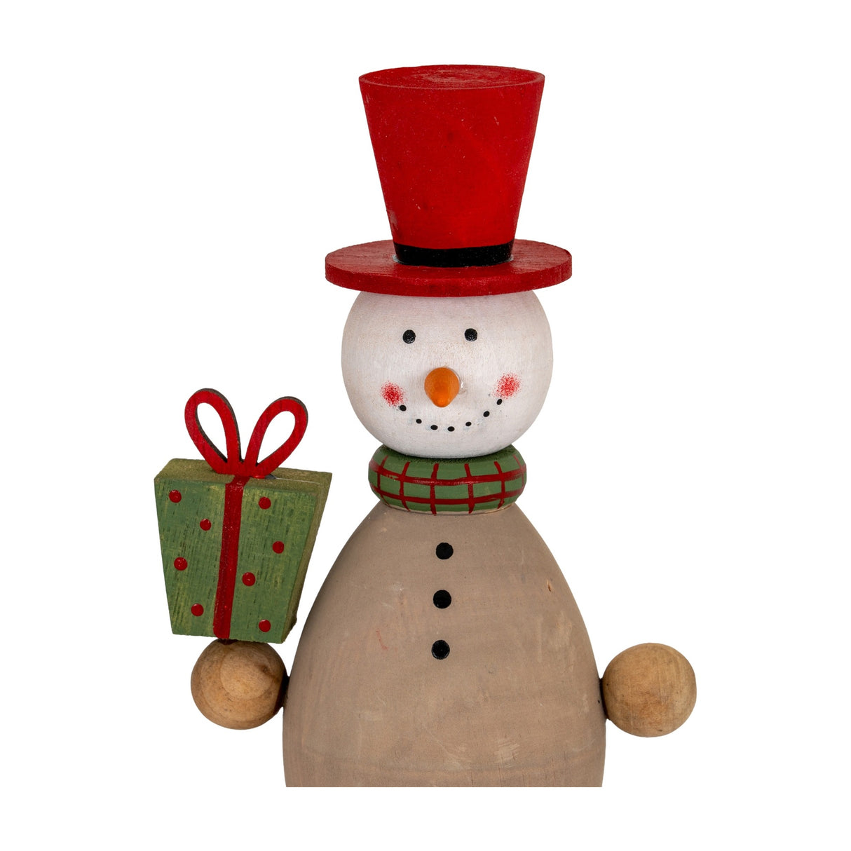Hill Interiors Wooden Snowman with Present in brown, with a red top hat, green checked scarf and green gift, shown on a white background.