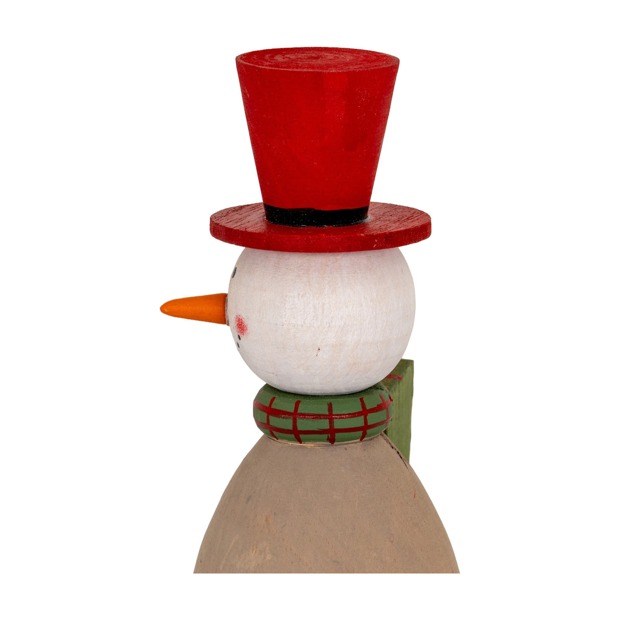 Hill Interiors wooden snowman decoration with red top hat, orange carrot nose, green plaid scarf and brown body, shown against a white background.