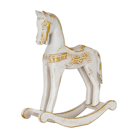 Hill Interiors Small Wooden Rocking Horse Ornament in whitewashed finish with gold-toned mane, saddle and rocker detailing, shown on a plain white background.