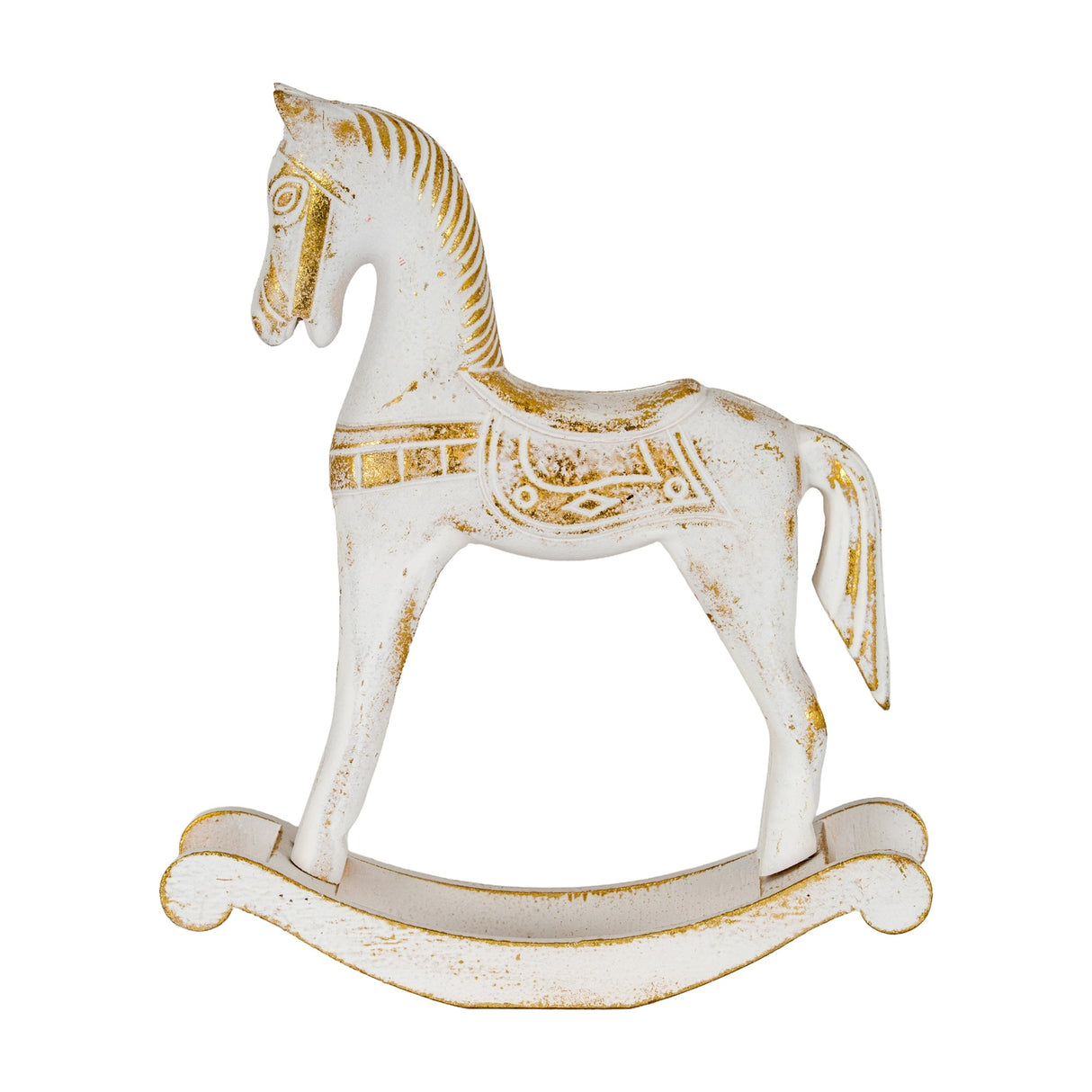 Hill Interiors Small Wooden Rocking Horse Ornament in whitewashed wood with gold-worn detailing on the mane, saddle and rockers, on a white background.