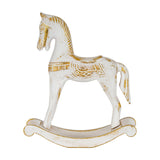 Hill Interiors Small Wooden Rocking Horse Ornament in whitewashed wood with gold-worn detailing on the mane, saddle and rockers, on a white background.