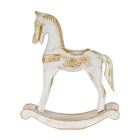 Hill Interiors Small Wooden Rocking Horse Ornament in whitewashed wood with gold-worn detailing on the mane, saddle and rockers, on a white background.