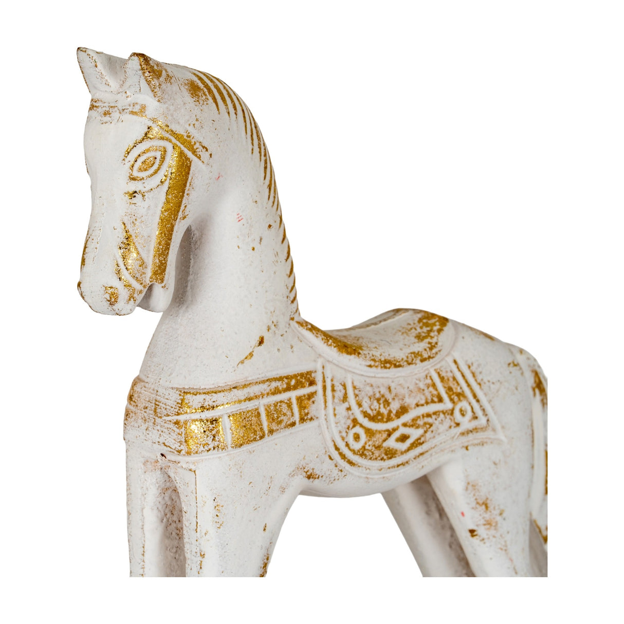 Close-up of Hill Interiors Small Wooden Rocking Horse Ornament in whitewashed finish with gold-toned mane, eye and saddle detailing on a white background.
