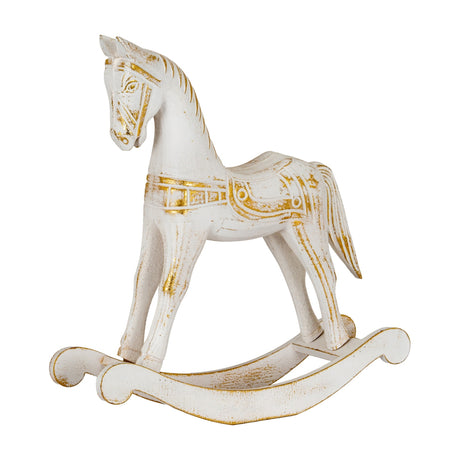Hill Interiors Large Wooden Rocking Horse in whitewashed finish with gold-toned grain detail on the carved mane, saddle and curved base, on white.