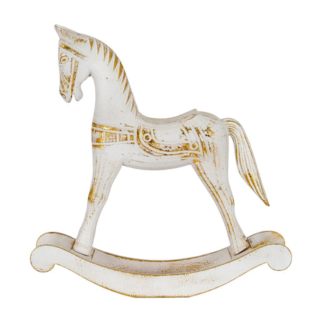 Hill Interiors Large Wooden Rocking Horse in whitewashed finish with gold detailing on the mane, saddle and curved base, shown on a plain white background.