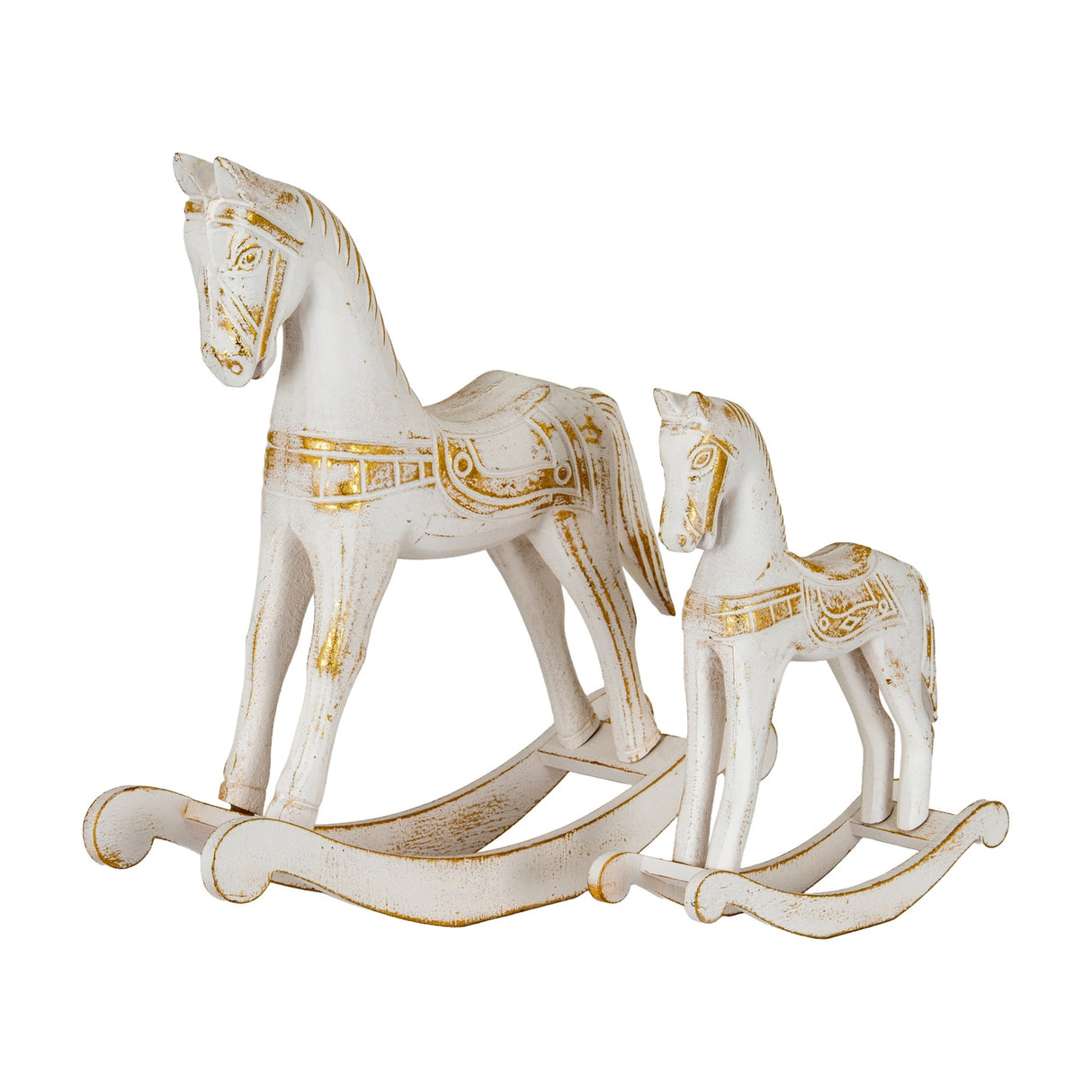 Hill Interiors Large Wooden Rocking Horse in white with gold-toned detailing, shown beside a smaller matching horse on curved bases against a white background.