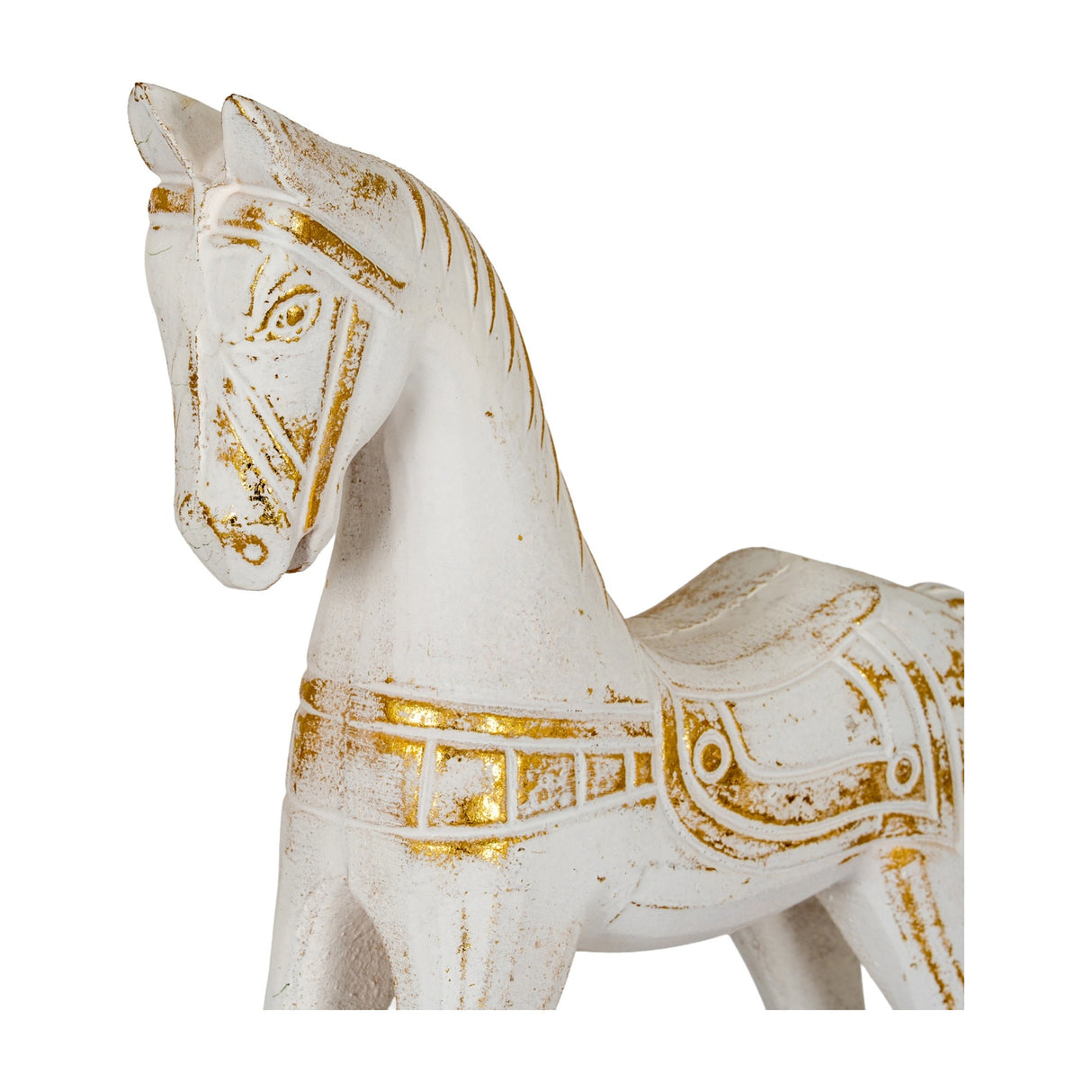Close-up of Hill Interiors Large Wooden Rocking Horse in white with gold-tinged detailing on the mane, eyes and saddle, shown against a plain white background.