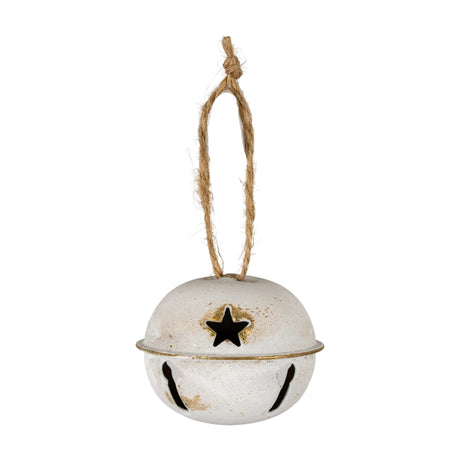 Hill Interiors White Metal Bell Decoration with star cut-out, gold-edged rim and jute hanging loop, shown on a plain white background.