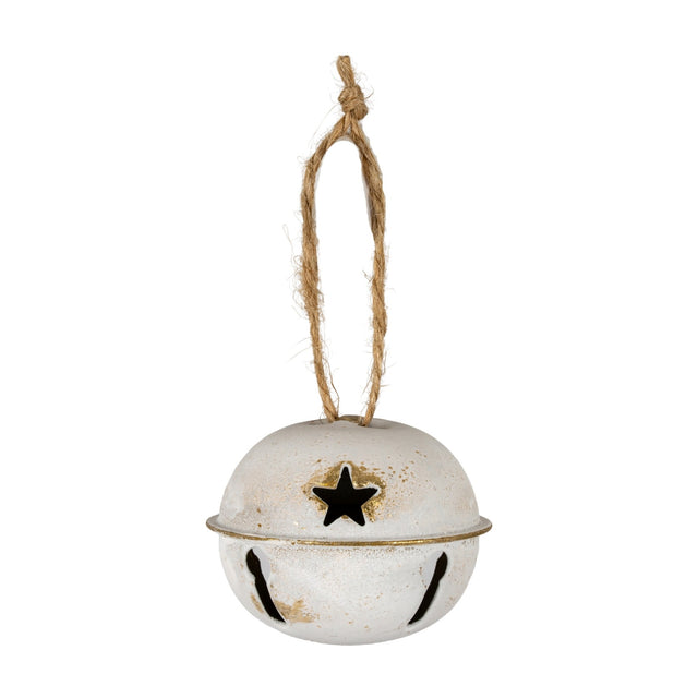 Hill Interiors White Metal Bell Decoration with star cut-out, gold-edged rim and jute hanging loop, shown on a plain white background.