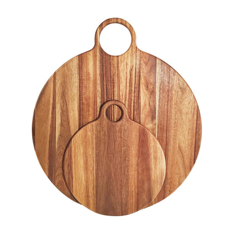 Hill Interiors large round acacia serving board in warm brown, shown with a smaller matching board on top to highlight scale, on a white background.