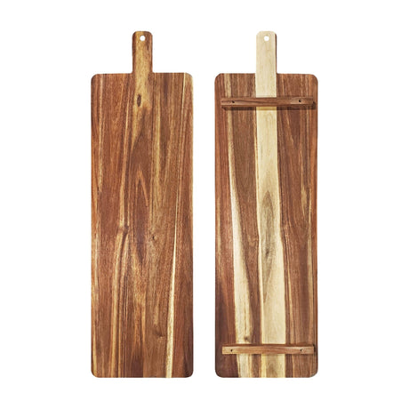 Hill Interiors Large Raised Acacia Serving Board in brown, shown front and back with handle and raised edge detail on a white background.