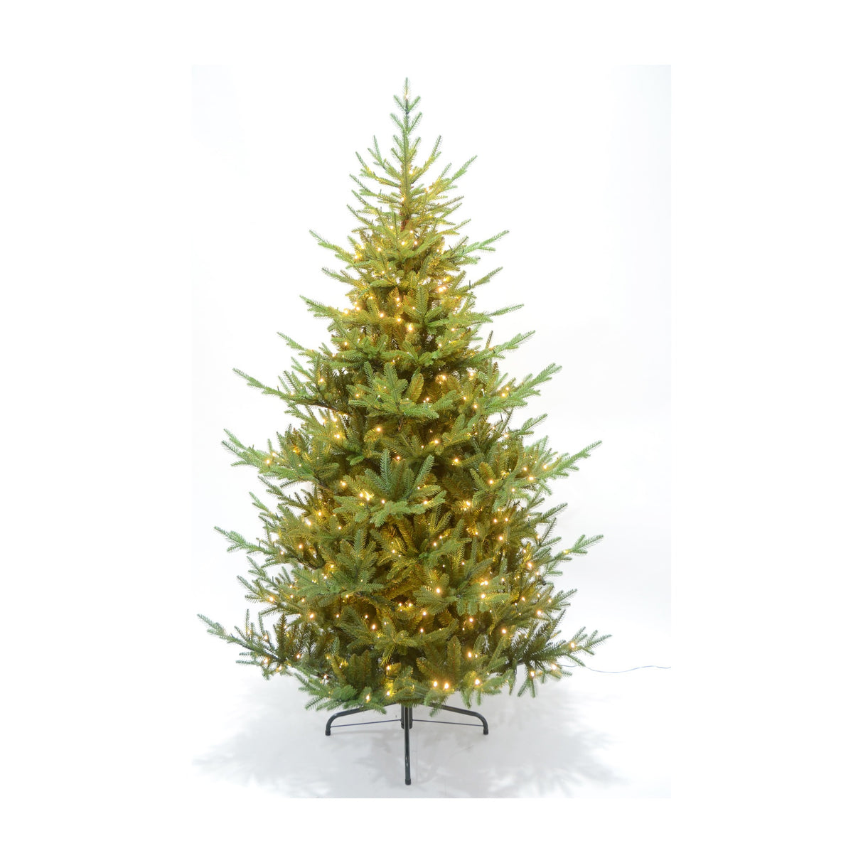 Hill Interiors Pre-Lit 500 LED Christmas Tree 210cm in green spruce with warm white lights and black metal stand, shown on a plain white background.