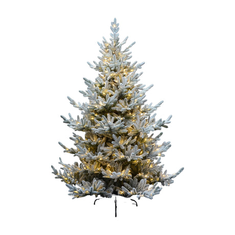 Hill Interiors Snowy Spruce pre-lit 210cm Christmas tree with 500 warm LEDs and white-frosted branches on a plain background.