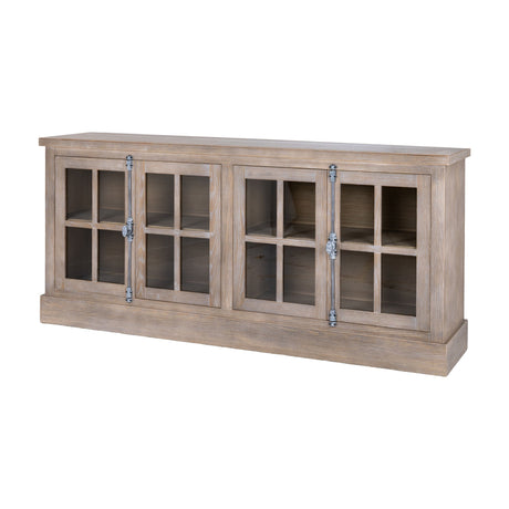Hill Interiors Wooden Glazed Four-Door Sideboard in brown, a wide low cabinet with four glass-panelled doors and metal handles, on a white background.