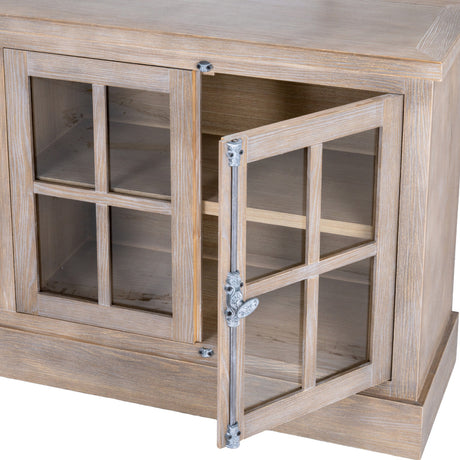 Close-up of the Hill Interiors Wooden Glazed Four-Door Sideboard in brown, showing two windowpane glass doors with one open to reveal interior shelving.