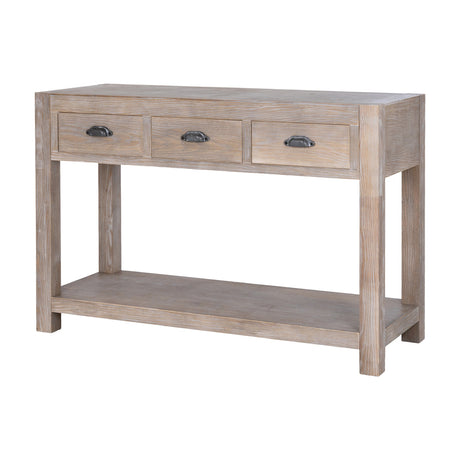Hill Interiors 3 drawer wooden console table in brown with cup handles, tapered legs and lower shelf, shown on a plain white background.
