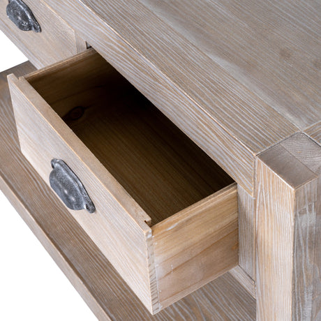 Close-up of the Hill Interiors 3 Drawer Wooden Console Table in brown, showing an open drawer with metal cup handle and visible wood grain finish.