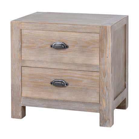 Hill Interiors 2 Drawer Wooden Bedside Table in brown with visible grain, stacked drawers and metal cup handles, shown on a plain white background.