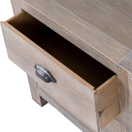 Close-up of the Hill Interiors 2 Drawer Wooden Bedside Table in brown, showing the open top drawer with a cast metal cup handle and visible grain.