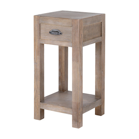 Hill Interiors Large One Drawer Lamp Table in brown wood, tall square design with a metal cup handle drawer and lower shelf, on a white background.