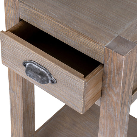 Close-up of Hill Interiors Large One Drawer Lamp Table in brown wood, showing the open drawer with aged metal cup handle and lower shelf.