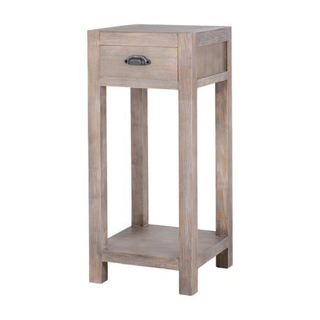 Hill Interiors small wooden lamp table in brown with a single drawer, metal cup handle and lower shelf, shown on a plain white background.