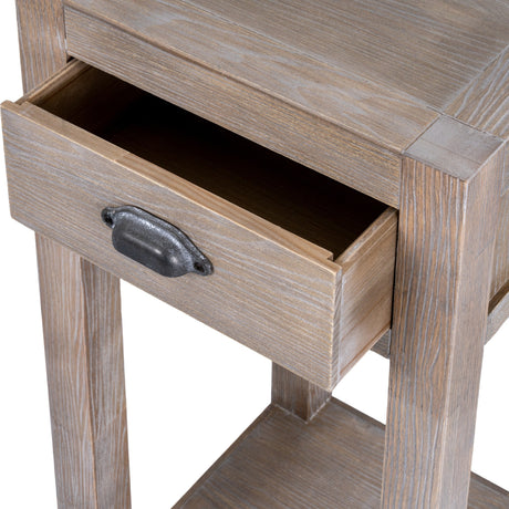 Close-up of the Hill Interiors Small Wooden Lamp Table showing the open drawer with aged metal cup handle and brown grained wood finish.