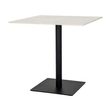Hill Interiors Stanwyke large square dining table with beige stone-effect top on a black metal pedestal and square base, shown on a white background.