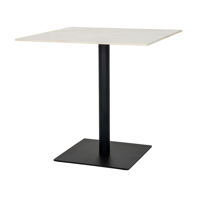Hill Interiors Stanwyke large square dining table with beige stone-effect top on a black metal pedestal and square base, shown on a white background.