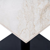 Corner detail of the Hill Interiors Stanwyke square dining table with beige stone-effect top, natural veining, and matte black metal base.