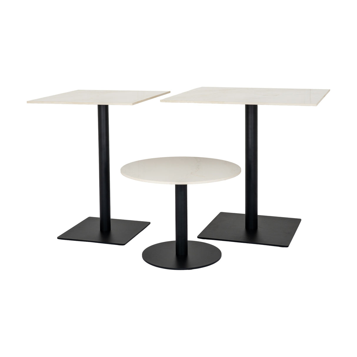 Hill Interiors Stanwyke square stone-effect dining tables in beige with black metal pedestal bases, shown alongside a smaller round table on a white background.