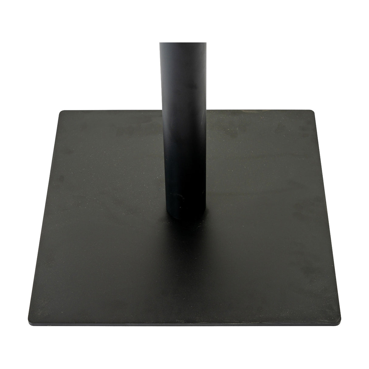 Close-up of the Hill Interiors Stanwyke dining table's square matte black metal base and central cylindrical column on a plain white background.