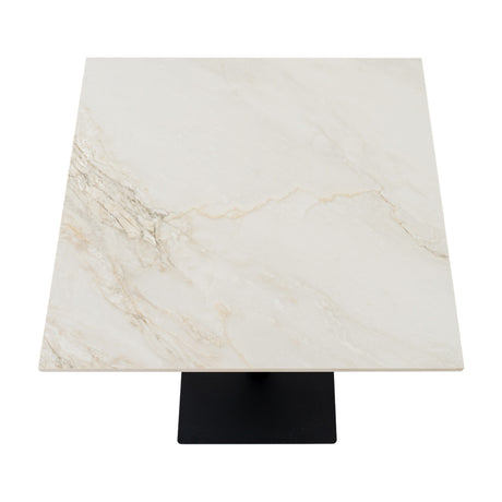 Hill Interiors Stanwyke Stone Square Dining Table in beige with a stone-effect top and slim matte black metal pedestal base, shown on a white background.