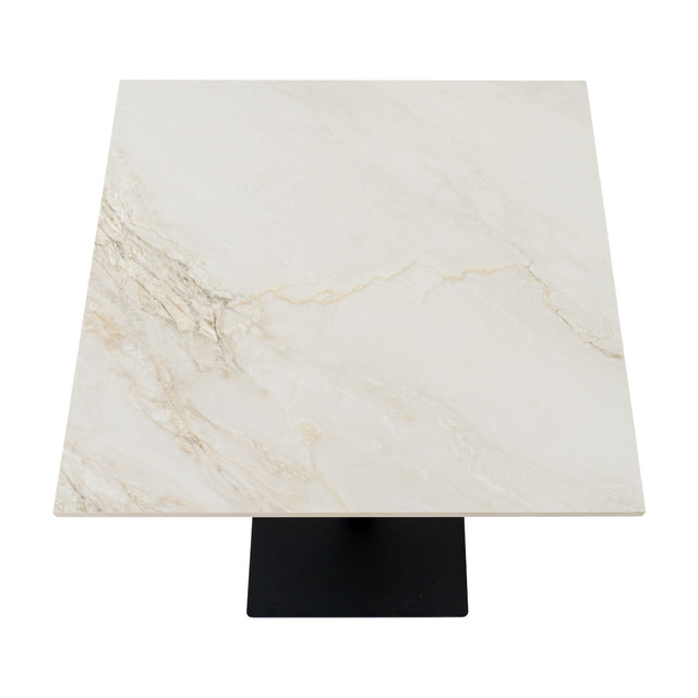 Hill Interiors Stanwyke Stone Square Dining Table in beige with a stone-effect top and slim matte black metal pedestal base, shown on a white background.