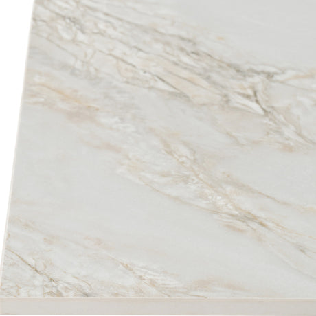 Close-up of the Hill Interiors Stanwyke square dining table corner, showing its beige stone-effect top with soft grey veining on a white background.